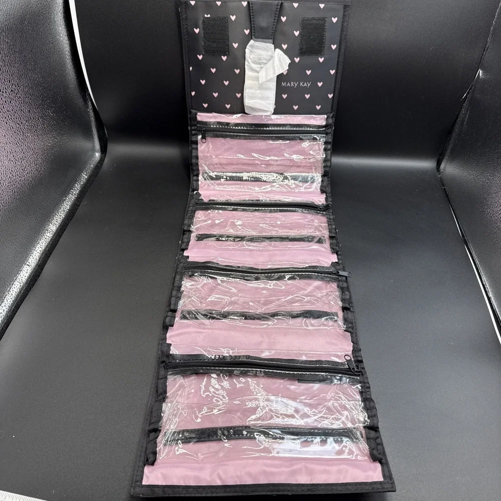 Mary Kay Travel Roll Up Bag Black w/ Pink Hearts Hanging Organizer‎ Cosmetic NEW